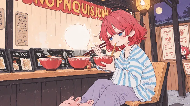 side angle, 1 girl, solo, red hair, voluminous fluffy hair, blue eyes, (solid oval eyes), sleepy half-lidded eyes, small breasts, striped pajama top, long sleeves, comfy pants, fluffy slippers, holding chopsticks in one hand, steaming ramen bowl in the oth...