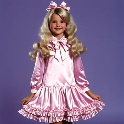 top quality, masterpiece, Highest Resolution, art work, super それにget used to it, many get used to it, get used to it, それにget used to it, 3k photos,((American girls from the 1970s,blonde long hair)),pink silk satin ruffle bow dress,Midi Skirt,puff sleeve,ru...