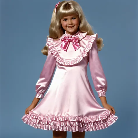 top quality, masterpiece, Highest Resolution, art work, super それにget used to it, many get used to it, get used to it, それにget used to it, 3k photos,((American girls from the 1970s,blonde long hair)),pink silk satin ruffle bow dress,Midi Skirt,puff sleeve,ru...