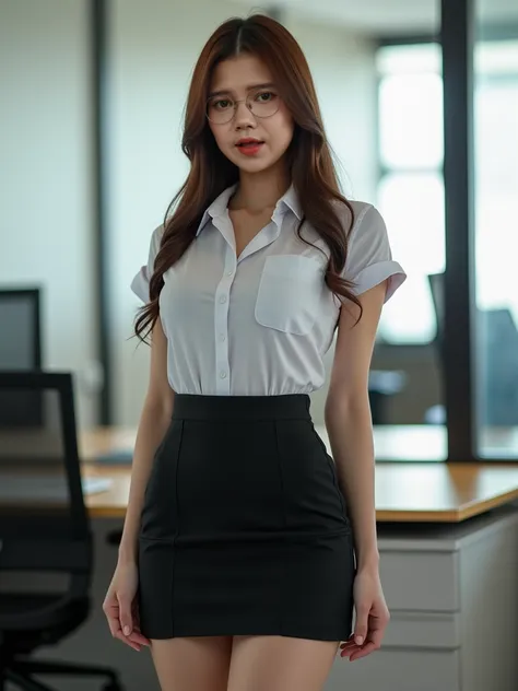 photorealistic, RAW photo, best quality, high resolution, beautiful women, nsfw, sensual face, looking camera, beautiful long straight hair, white skin, huge saggy breasts, sexy body look, showing protruding breasts, wearing a sexy office uniform, pear-sha...