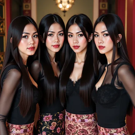 1 Family, Potrait of 4 wife same faced Indonesian-chinese girl ((quartet twin faced woman)) , Harem (Polygamy), long fashion hair,all woman same face, fit body, small cleavage, skintight black lace kebaya, batik skirt, masterpiece, highly detailed, ultra h...