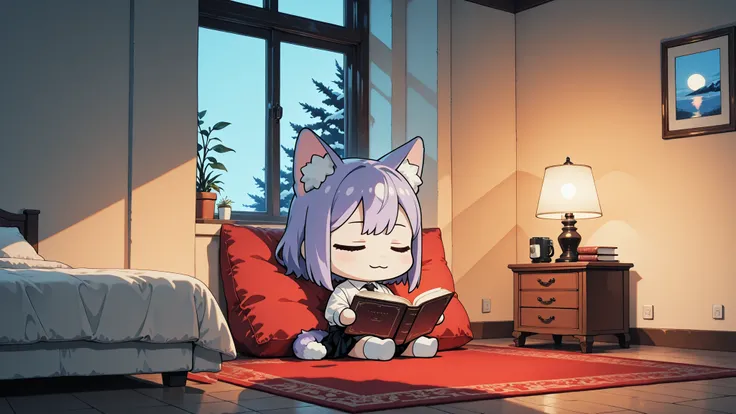 Chibi,(chibi:1.4),A cozy cat-girl with soft cat ears and a fluffy cat tail, sitting on a warm red carpet while reading a book. The room is softly illuminated with gentle warm ambient lighting, creating a calm and comforting atmosphere without any visible l...