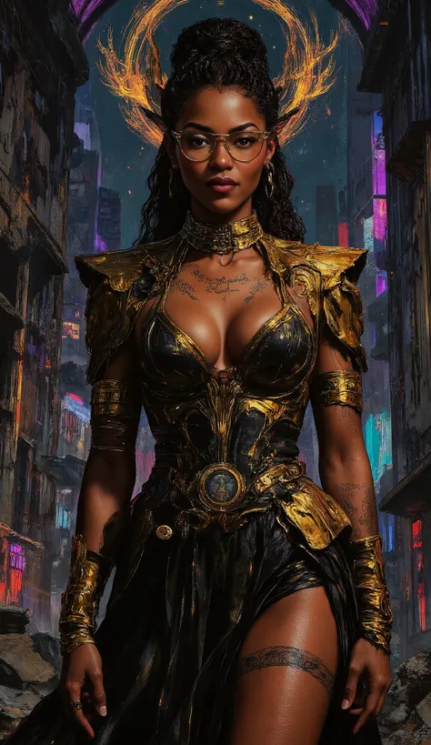 She is a predatory angel in the style of Neon glitch mosaic surrealism, we see a photo-realistic bizarre portrait of a beautiful, and Charismatic caucasian half black lady of mixed heritage bearing a large gap toothed infectious smile between dimpled che...