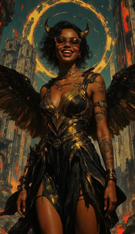She is a predatory angel in the style of Neon glitch mosaic surrealism, we see a photo-realistic bizarre portrait of a beautiful, and Charismatic caucasian half black lady of mixed heritage bearing a large gap toothed infectious smile between dimpled che...