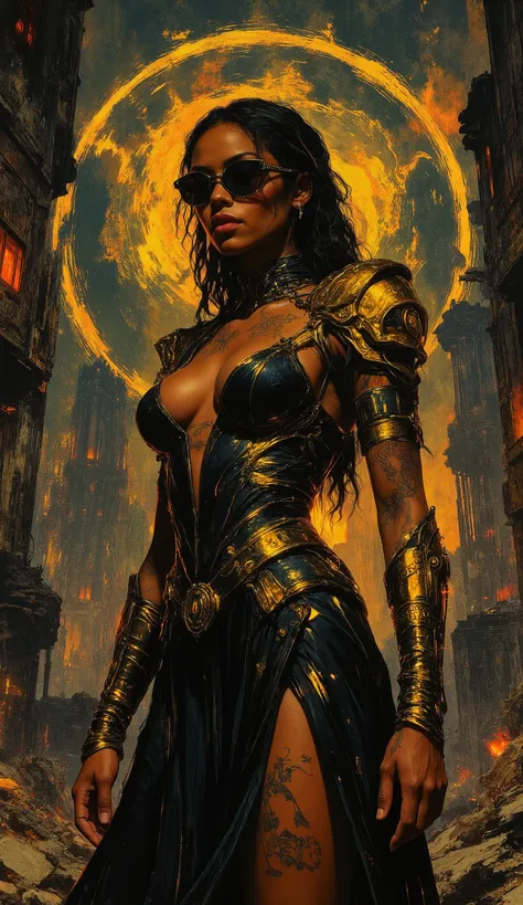 She is a predatory angel in the style of Neon glitch mosaic surrealism, we see a photo-realistic bizarre portrait of a beautiful, and Charismatic caucasian half black lady of mixed heritage bearing a large gap toothed infectious smile between dimpled che...