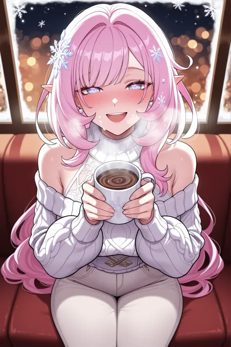 high quality, masterpiece, best quality, elysia_(honkai_impact), Mullon art style, 1girl, solo, pink and white gradient long straight hair let down, wavy hair, blush, delicate facial features, smile, laughing, looking at viewer, viewer pov, natural skin te...