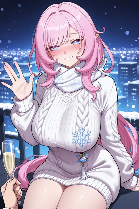 high quality, masterpiece, best quality, elysia_(honkai_impact), Mullon art style, 1girl, solo, pink and white gradient long straight hair let down, wavy hair, blush, smiling at viewer, winter evening outfit, chic oversized knit sweater with snowflake patt...