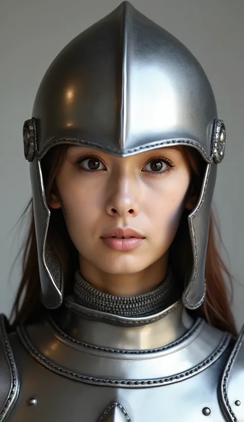 neat young woman wearing luxurious silver armor、、female knight、wears a helmet on his head、full-face helmets、、、looking at camera、looking directly in front、、、face close-up、grey background、

