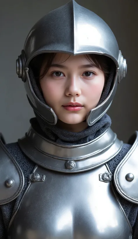 neat young woman wearing luxurious silver armor、、female knight、wears a helmet on his head、full-face helmets、、、looking at camera、looking directly in front、、、face close-up、grey background、