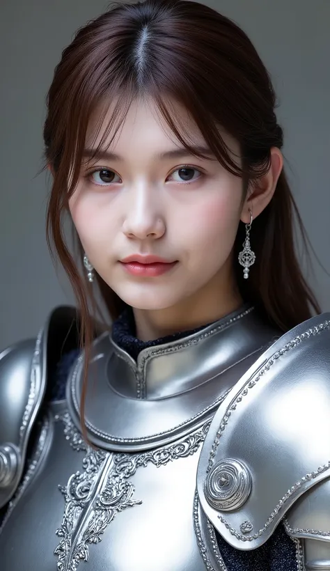 neat young woman wearing luxurious silver armor、、female knight、、漆黒の髪、、ear piercings、looking at camera、looking directly in front、怒り顔、口を閉じている、への字口、、、face close-up、grey background、