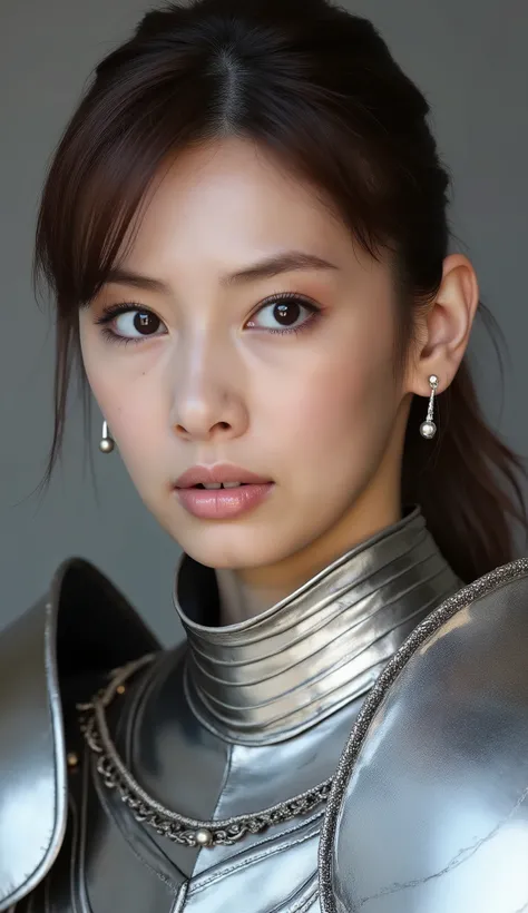 neat young woman wearing luxurious silver armor、、female knight、、、ear piercings、looking at camera、looking directly in front、前髪あり、無表情、口を閉じている、への字口、face close-up、grey background、

