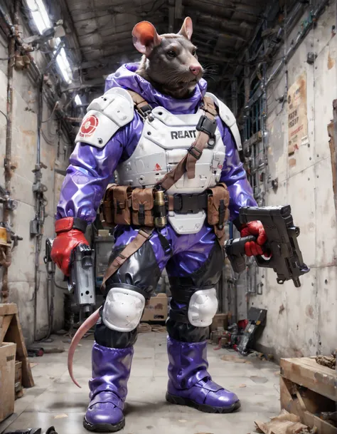 SMG-0, (masterpiece), (best quality), (high resolution), (solo), 1male, male focus, anthropomorphic rat, rat's head, mutant, rodent, brown rat, black eyes, holding weapon, machine pistol, matching red gloves, purple spacesuit, armor, black knee pads, purpl...