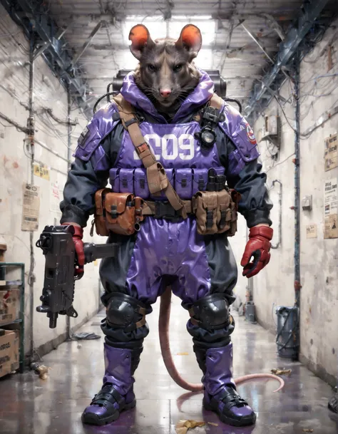 SMG-0, (masterpiece), (best quality), (high resolution), (solo), 1male, male focus, anthropomorphic rat, rat's head, mutant, rodent, brown rat, black eyes, holding weapon, machine pistol, matching red gloves, purple spacesuit, armor, black knee pads, purpl...
