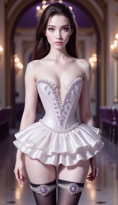 A young woman with long, dark hair stands centrally, gazing directly forward with a neutral expression. She wears an elaborate, strapless white corset adorned with intricate silver and purple beading and sequins, featuring a deep V-neckline. A short, ruffl...