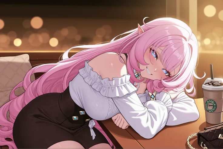 elysia_\(honkai_impact\), Mullon art style, high quality, masterpiece, best quality, 1girl, solo, gradient long straight hair let down, blush, bokeh light, score_9, score_8_up, score_8, 1girl, hair let down, long straight hair, pink and white gradient hair...