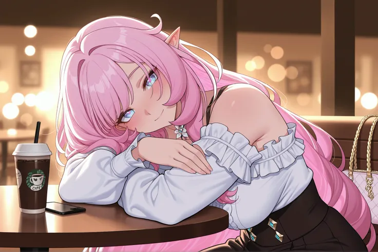 elysia_\(honkai_impact\), Mullon art style, high quality, masterpiece, best quality, 1girl, solo, gradient long straight hair let down, blush, bokeh light, score_9, score_8_up, score_8, 1girl, hair let down, long straight hair, pink and white gradient hair...