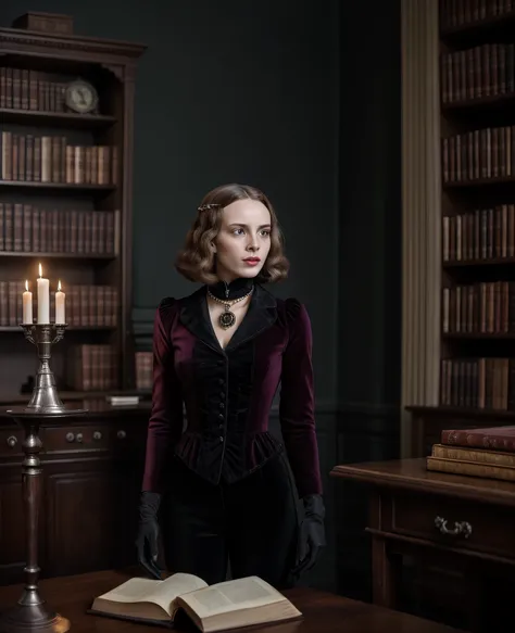 A mysterious figure wearing deep crimson velvet gloves, standing in a candlelit Victorian study. The gloves shimmer softly under the warm light, hinting at hidden power or forbidden knowledge. Bookshelves filled with ancient tomes line the walls, and a sil...