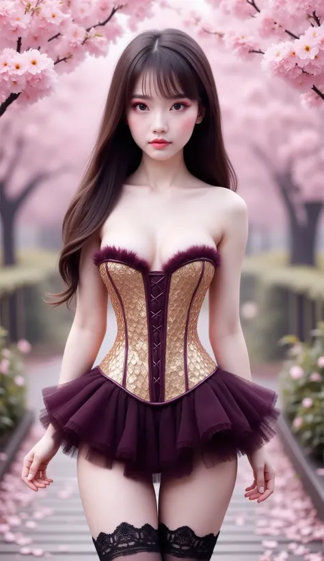 A young woman with long, dark hair cascading over her shoulders stands on a wooden walkway, framed by soft pink cherry blossoms. She wears a strapless corset with a shimmering gold honeycomb pattern and deep purple accents, splitting the center of her bust...