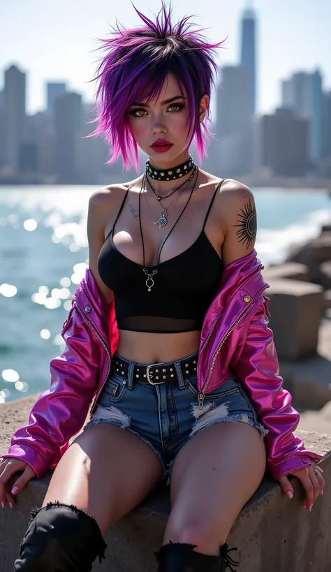 :A striking, dynamic, half-body portrait of a young woman in a punk/goth style, sitting outdoors in an urban setting. She has short, messy, spiky purple and black hair with pink accents. She has large, expressive golden-brown eyes, a smattering of freckles...