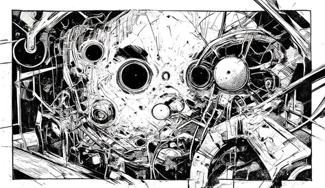 a black and white sketch depicting a chaotic, detailed scene,intense abstract elements,have eyes in the center, 特大に見える, with pupils dilated,drawn in a dense crosshatch style and has a rough texture,abstract shapes and lines like々around the eye that look ov...