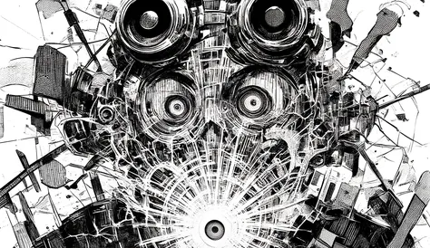 a black and white sketch depicting a chaotic, detailed scene,intense abstract elements,have eyes in the center, 特大に見える, with pupils dilated,drawn in a dense crosshatch style and has a rough texture,abstract shapes and lines like々around the eye that look ov...