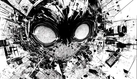 a black and white sketch depicting a chaotic, detailed scene,intense abstract elements,have eyes in the center, 特大に見える, with pupils dilated,drawn in a dense crosshatch style and has a rough texture,abstract shapes and lines like々around the eye that look ov...