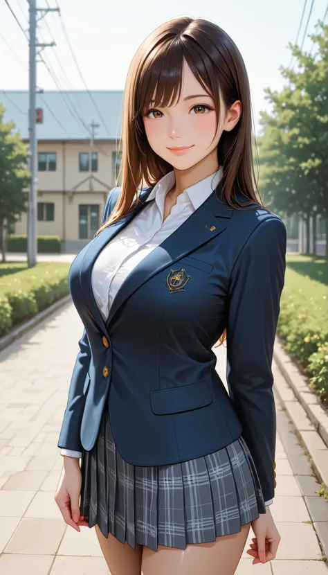 a girl ,solo,school student ,old school uniform, formal attire ,buttoned blazer, shirt ,skirt,thigh,standing ,closed mouth,glossy lips ,looking viewer,outdoor,large breast ,smile