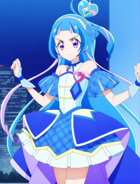 cure wink, kimi to idol precure, blue hair, magical girl, mini crown, purple eyes, blue dress, tilted headwear, very long hair, blunt bangs, bare shoulders, hairband, two-tone hair, purple hair, jewelry, idol clothes, masterpiece, best quality, anime, sour...