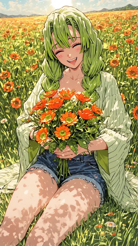 ultra HD, masterpiece, sharp focus, Mitsuri (Demon Slayer) in a vibrant modern outfit: a pastel green wrap-top and comfortable denim shorts. She is sitting happily in a colorful meadow filled with tall grass and poppies, gently holding a small bouquet of f...