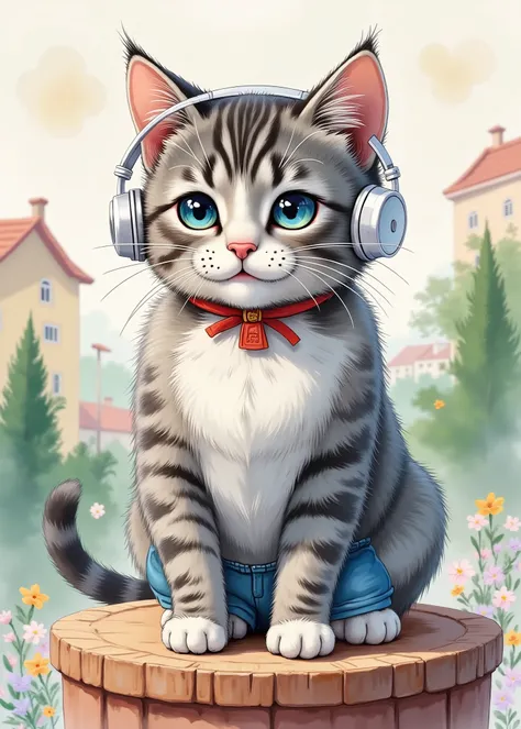  8k resolution,ultra fine,is very realistic,professional lighting,3d rendering,Female tabby cat,Grey Cat、red ribbon、T-shirts and shorts、Listen to records with、listens to records with white headphones,watercolor texture