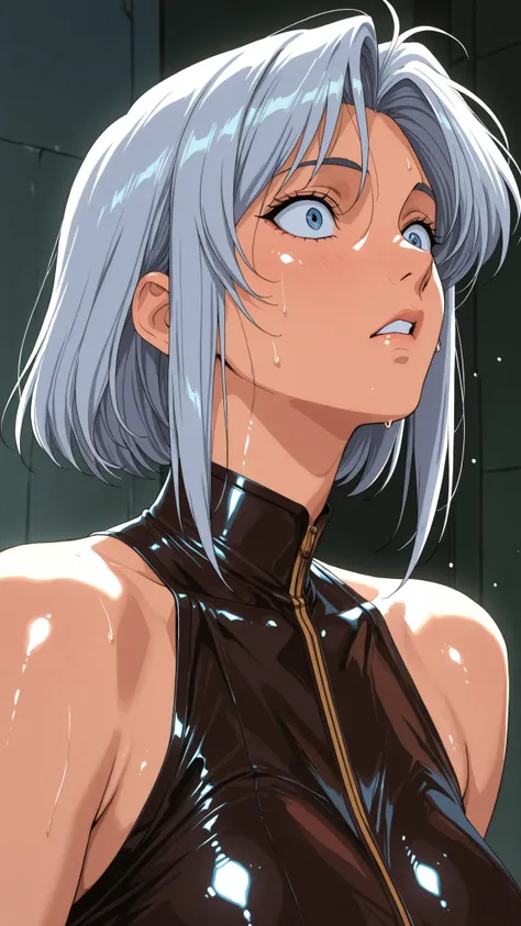 upper body、Upper Class Woman,wide-eyed,1 girl,1990s(style),Anime Coloring,(masterpiece:1.3),(top quality),((shiny costume),(sweat),Maximum Detailed Texture.maximum detail and realistic skin,very detailed, super sharp ,8k resolution