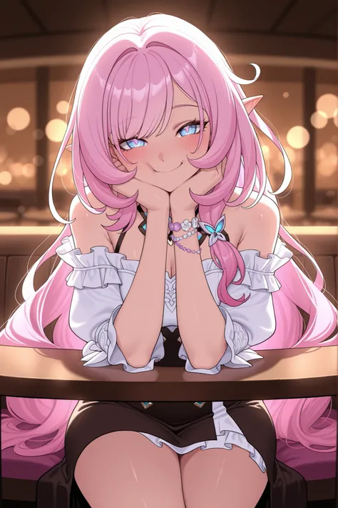 elysia_\(honkai_impact\), Mullon art style, high quality, masterpiece, best quality, 1girl, solo, gradient long straight hair let down, blush, bokeh light, score_9, score_8_up, score_8, 1girl, hair let down, long straight hair, pink and white gradient hair...