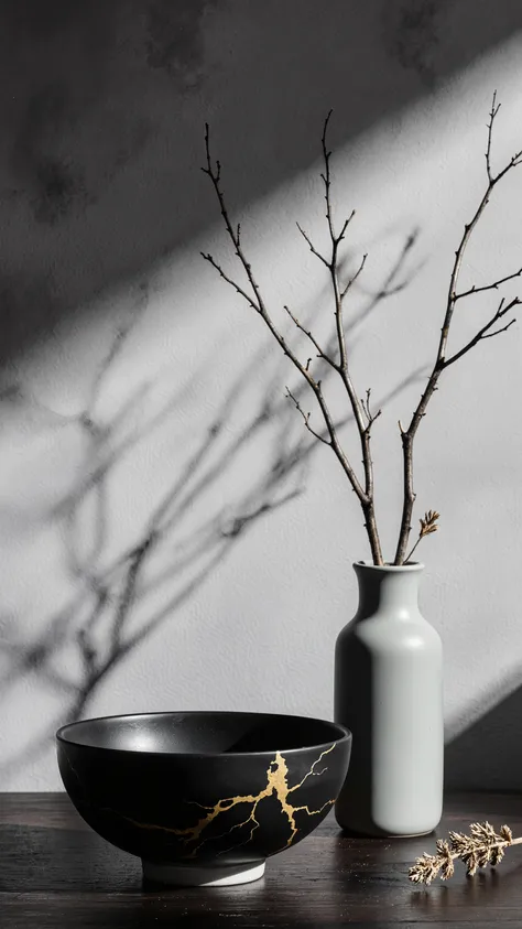 A refined, minimalist still life photograph featuring a Japanese tea bowl reminiscent of an important cultural artifact, exuding timeless elegance and exquisite craftsmanship.
The bowl has a matte black surface with subtle, undulating waves, reflecting the...
