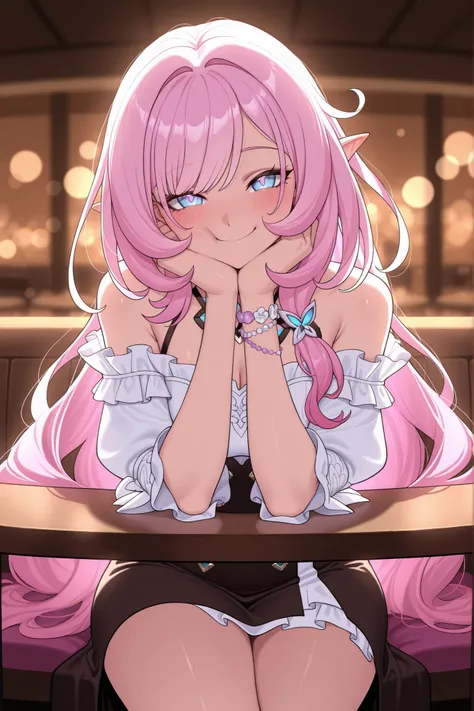 elysia_\(honkai_impact\), Mullon art style, high quality, masterpiece, best quality, 1girl, solo, gradient long straight hair let down, blush, bokeh light, score_9, score_8_up, score_8, 1girl, hair let down, long straight hair, pink and white gradient hair...