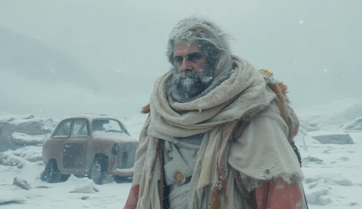 Post-apocalyptic ice age landscape, vast frozen plains and ruined city silhouettes buried under thick frost. Abandoned cars covered in heavy ice, snow-crusted windows, metallic surfaces cracked by extreme cold. A brave bearded traveler wrapped in tattered ...