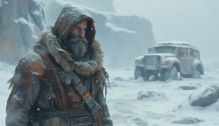 Post-apocalyptic ice age landscape, vast frozen plains and ruined city silhouettes buried under thick frost. Abandoned cars covered in heavy ice, snow-crusted windows, metallic surfaces cracked by extreme cold. A brave bearded traveler wrapped in tattered ...