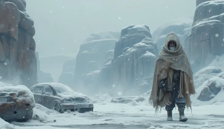 Post-apocalyptic ice age landscape, vast frozen plains and ruined city silhouettes buried under thick frost. Abandoned cars covered in heavy ice, snow-crusted windows, metallic surfaces cracked by extreme cold. A brave bearded traveler wrapped in tattered ...