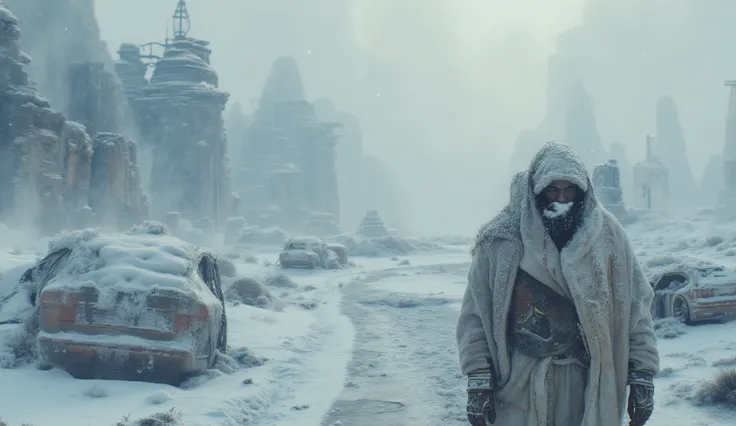 Post-apocalyptic ice age landscape, vast frozen plains and ruined city silhouettes buried under thick frost. Abandoned cars covered in heavy ice, snow-crusted windows, metallic surfaces cracked by extreme cold. A brave bearded traveler wrapped in tattered ...