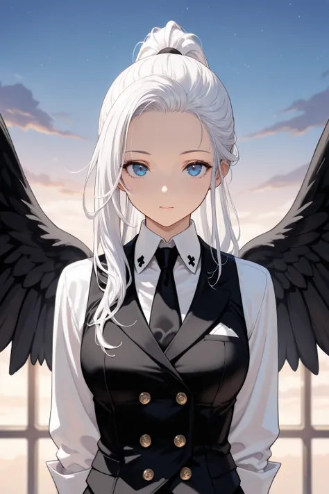 (best quality, ((masterpiece)), beautiful detailed face,),1 woman,forehead,(white long hairs),ponytail, white shirts, blue eyes, black vest,(dawn sky),neck tie, (black angel wings),cool
