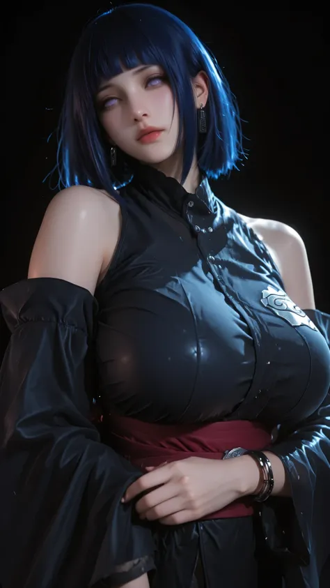 Hyuuga_hinata  (naruto), solo, dark_blue_hair, bob_hair, large_breasts, bracelet, jewelry, solo, jewelry, looking_at_viewer, bangs, large_breasts, earrings,  ,  , bare_shoulders, detached_sleeves,  , simple_background, black_background,  , long_sleeves, wi...