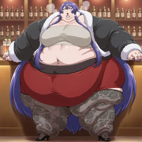 teltina-default,yellow eyes,purple hair,very long hair,sidelocks, mature female, furr jacket, tube top, midriff, belly button piercing, skirt, stockings, high heels, long nails, makeup, lipstick, fat, chubby, obese, fat neck, multiple chins, big breasts op...