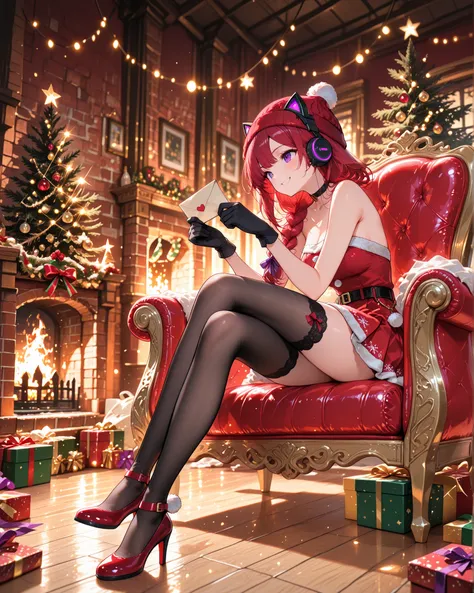 side angle, (masterpiece, 4k, ultra-detailed, vivid and vibrant colors), {Jessy}: (a beautiful and attractive woman, long red hair, purple eyes, wearing a cat-ear headset and a red beanie with a white pompom on the end, falling to the side of her face, her...