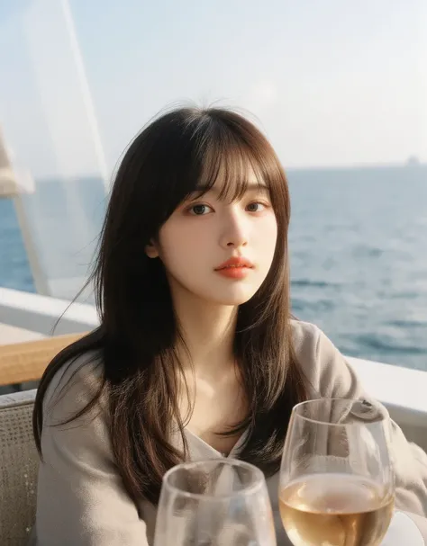 ( A picture of a beautiful Korean beauty with dark hair enjoying wine while watching the ocean:1.3)(Grinning,smile:1.1)(Looks dazzling:1.1)(16k, RAW photos , top quality, Masterpiece: 1.2),( Glossy greige hair tousled and unkempt due to strong winds ) ...