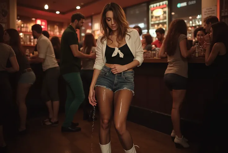 Photorealistic full body picture of a beautiful brunette European girl, totally drunk and wasted, wearing wet denim shorts with totally wet black tights underneath, short white socks, ankle boots, black leotard, white knotted shirt, peeing herself in crowd...
