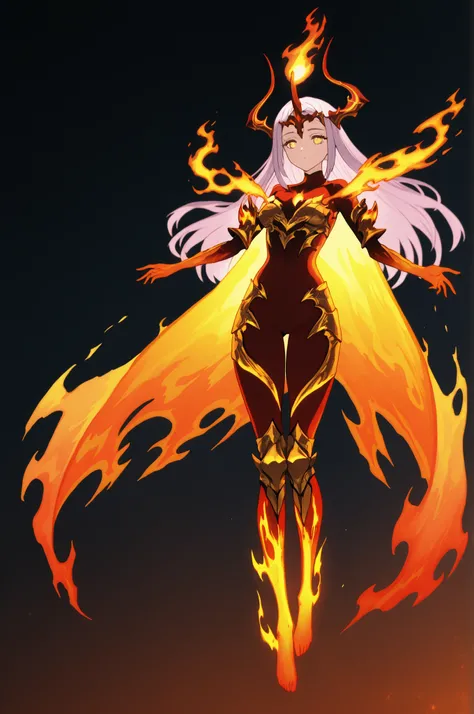 IllusP0s,girl, solo, long hair, cyan hair, yellow eyes, beautiful face. sleek, form-fitting crimson bodysuit with a feminine silhouette, accented by ornate flame-shaped armor pieces. The armor features glowing molten gold and fiery orange edges, designed t...
