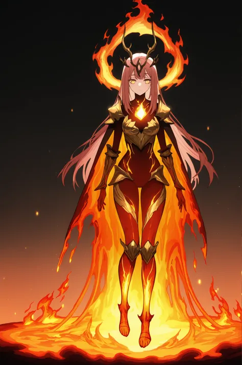 IllusP0s,girl, solo, long hair, cyan hair, yellow eyes, beautiful face. sleek, form-fitting crimson bodysuit with a feminine silhouette, accented by ornate flame-shaped armor pieces. The armor features glowing molten gold and fiery orange edges, designed t...