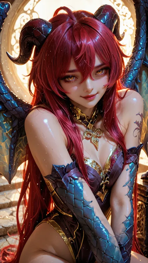 748cmstyle,Ganyu, (beautiful girl : 1 . 3) , (ARW), 1girl, Shiny skin,Highest Quality,masterpiece, ultra high res, 1girl pose forward fighting, dragon-girl, big dragon wings, fang and claws,, scaled skin"
skin full Covered with scales, shimmering with eeri...