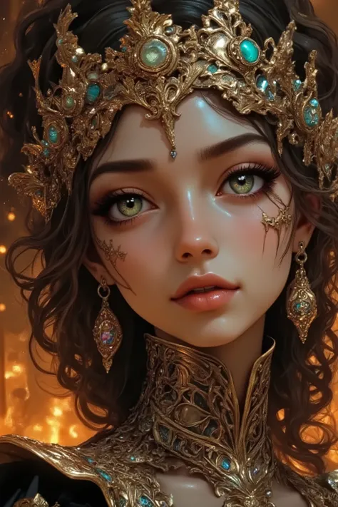 "female stylized character, royal fantasy queen, cartoon-3D style, glossy smooth skin, expressive large eyes, confident subtle smile, symmetrical face, elegant arched eyebrows, soft rounded cheeks, delicate nose, warm complexion, long brown curled hair in ...