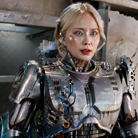 top quality、masterpiece、40-year-old beautiful white woman's RoboCop、blonde semi-long、 mechanical ears 、tattered and damaged metal robot body stained with machine oil、a very mechanical internal structure can be seen from a crack in the destroyed body、The wh...