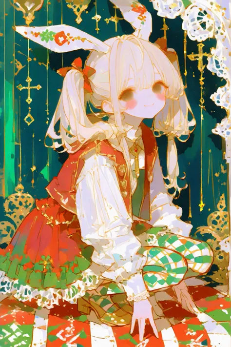 thin lines, thin colors, watercolor, colorful, fantasy, (looking viewer :1.5), full body, christmas theme, squatting,
1 girl, solo, blonde hair, long hair, black eyes, blush stickers, loose twintails, smile, a punk-rock Lolita or dark Alice in Wonderland...